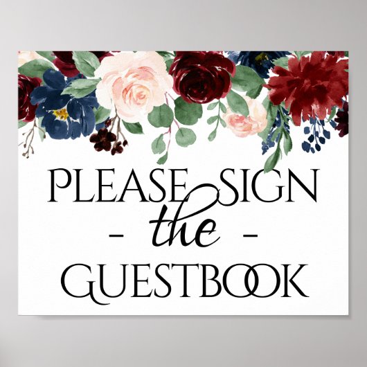Boho Bloom Burgundy and Navy Blue Guestbook Sign Poster (Voorkant)