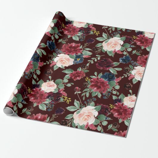 Boho Bloom | Donker Elegant Rood Blush en Navy Blu Cadeaupapier (Uitgerold)