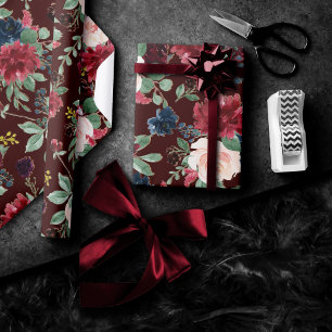 Boho Bloom Donker Elegant Rood Blush en Navy Blu Cadeaupapier