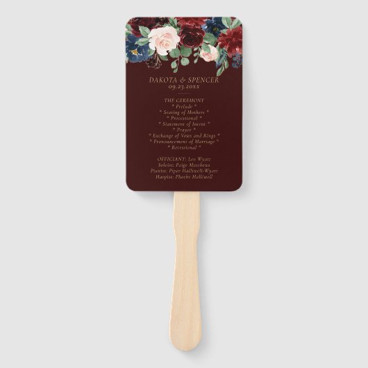 Boho Bloom | Donker Elegant Rood Blush en Navy Blu Handwaaier (Voorkant)