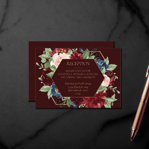 Boho Bloom Donker Elegant Rood Blush en Navy Blu Informatiekaartje