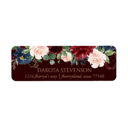 Boho Bloom | Donker Elegant Rood en Navy Adres Etiket (Voorkant)