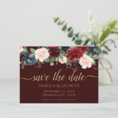 Boho Bloom | Donker Elegant Rood en Navy Garland Save The Date (Staand voorkant)