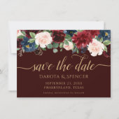 Boho Bloom | Donker Elegant Rood en Navy Garland Save The Date (Voorkant)