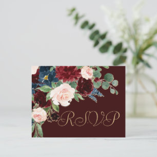 Boho Bloom   Donker Elegant Rood en Navy RSVP Entr Briefkaart
