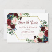 Boho Bloom | Elegant Bourgogne Bloemen Goud Lijst Save The Date (Voorkant)