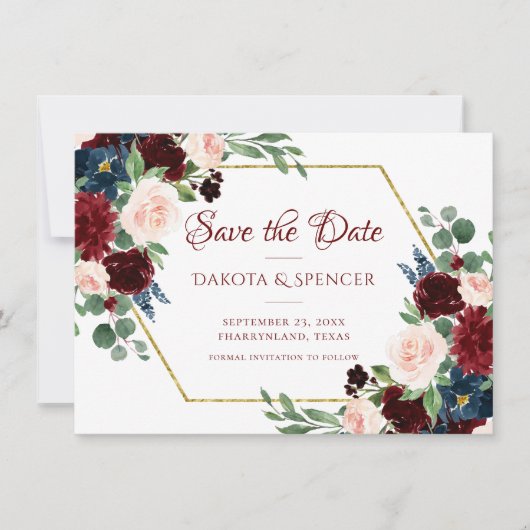 Boho Bloom | Elegant Bourgogne Bloemen Goud Lijst Save The Date (Voorkant)