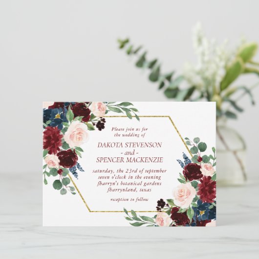 Boho Bloom | Elegant Marsala Red Floral Gold Lijst Kaart (Staand voorkant)