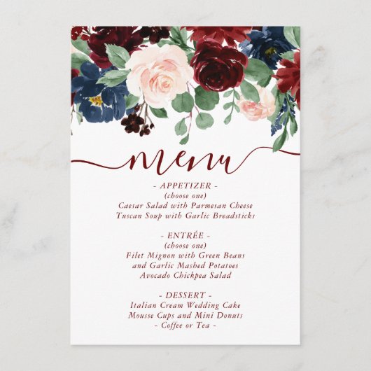 Boho Bloom | Elegante Marsala Red en Blush Pink Menu (Voorkant)