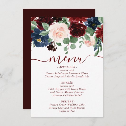 Boho Bloom | Elegante Marsala Red en Blush Pink Menu (Voorkant / Achterkant)