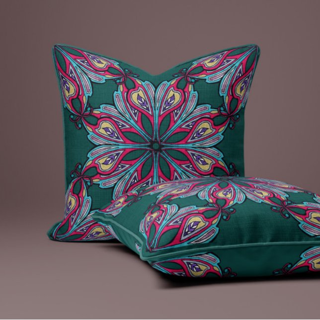 Boho Bloom in diepe teal Kussen (Creator heeft geüpload)