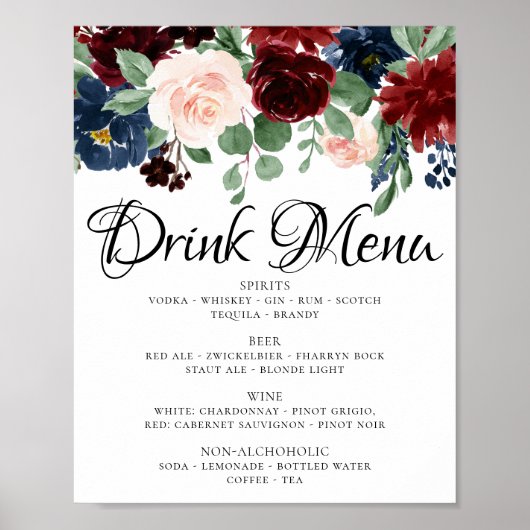 Boho Bloom | Wijnrood en Marineblauw drankmenu Poster (Voorkant)