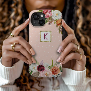 Boho Blooms Blush Stip Monogram iPhone 15 Case