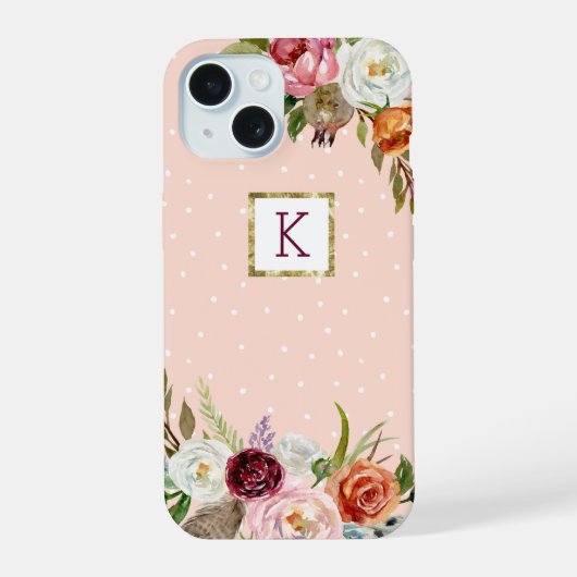Boho Blooms Blush Stip Monogram iPhone 15 Case (Achterkant)