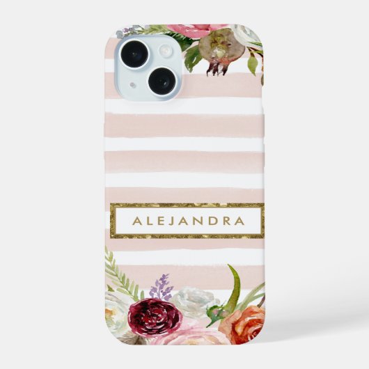 Boho Blooms Blush Streep Monogram iPhone 15 Case (Achterkant)