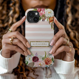 Boho Blooms Blush Stripe Monogram iPhone 15 Case