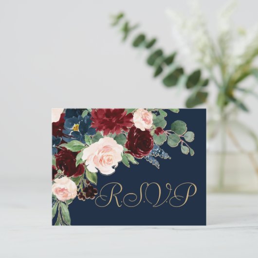 Boho Blooms | Dark Navy Blue en Bourgondische reac Briefkaart (Staand voorkant)