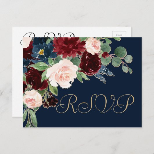 Boho Blooms | Dark Navy Blue en Bourgondische reac Briefkaart (Voorkant / Achterkant)