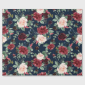 Boho Blooms | Donker marineblauw en bordeaux patro Cadeaupapier (Vlak)