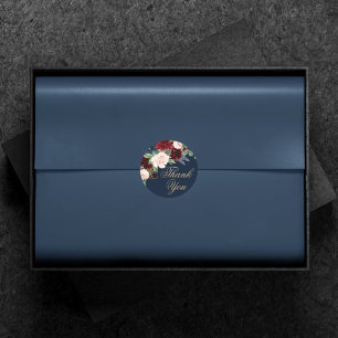 Boho Blooms   Donker Navy Blauw en Rood Dank U Ronde Sticker