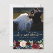 Boho Blooms | Donkere marine en rode foto en liefd Bedankkaart (Voorkant)