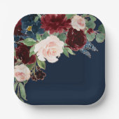 Boho Blooms | Donkermarineblauw en Bourgondisch bo Papieren Bordje (Voorkant)