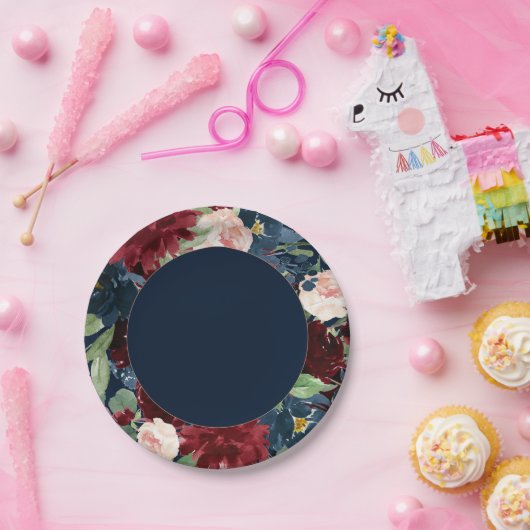 Boho Blooms | Donkermarineblauw en Bourgondische k Papieren Bordje (Feest)