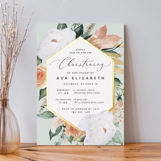 Boho Blooms Modern Floral Christening Folie Uitnodiging