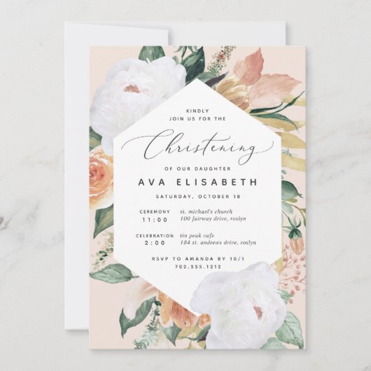 Boho Blooms | Modern Floral Christening Kaart (Voorkant)