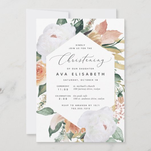 Boho Blooms | Modern Floral Christening Kaart (Voorkant)