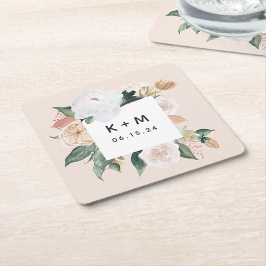 Boho Blooms Modern Floral Wedding Monogram Kartonnen Onderzetters (Schuin)