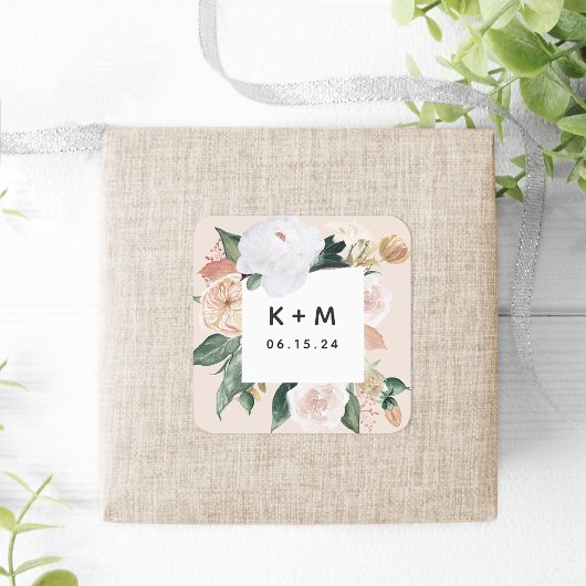 Boho Blooms Modern Floral Wedding Monogram Vierkante Sticker