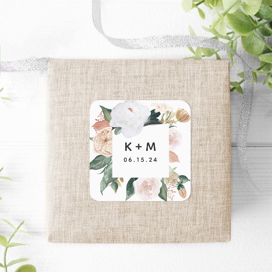 Boho Blooms Modern Floral Wedding Monogram Vierkante Sticker