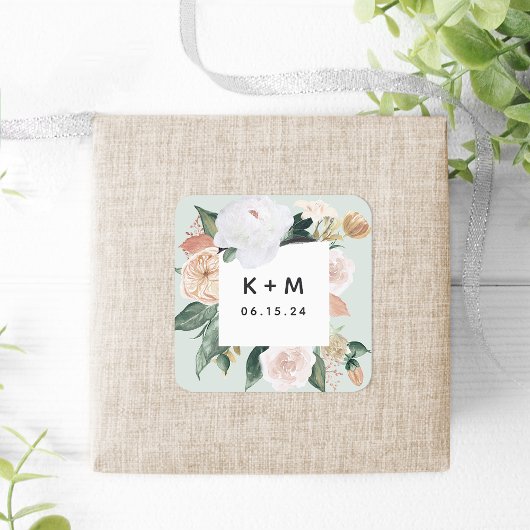 Boho Blooms Modern Floral Wedding Monogram Vierkante Sticker