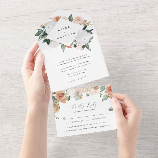 Boho Blooms | Modern Geometric Floral Wedding All In One Uitnodiging (Afscheurbaar)