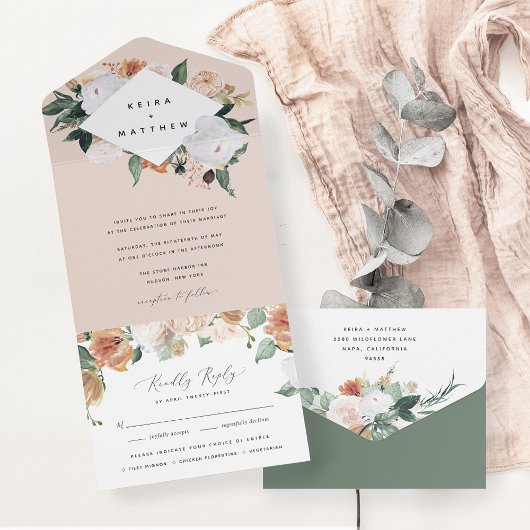 Boho Blooms | Modern Geometric Floral Wedding All In One Uitnodiging