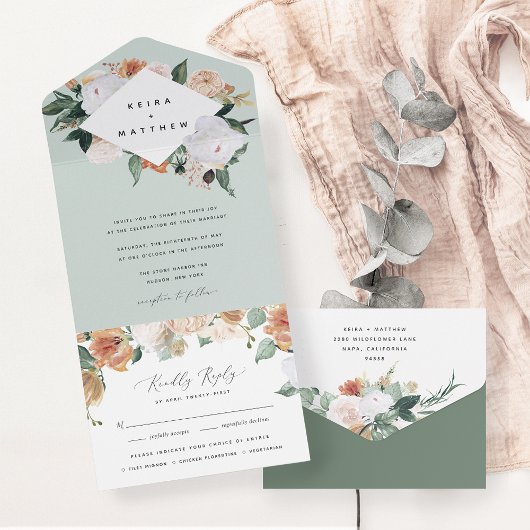Boho Blooms | Modern Geometric Floral Wedding All In One Uitnodiging