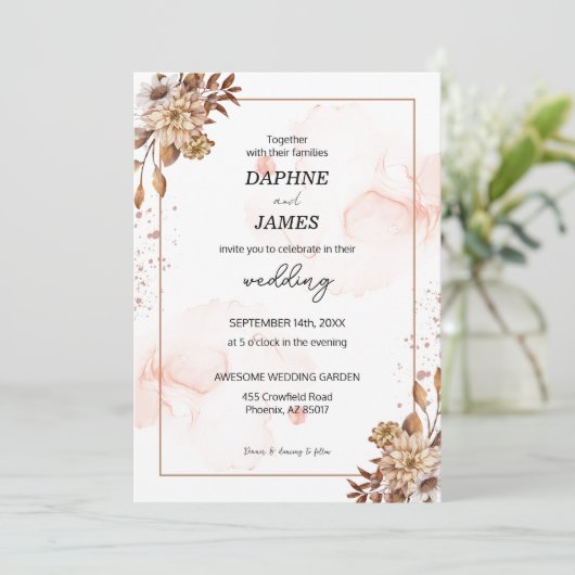 Boho Blooms: Moderne Bloemen Bruiloft uitnodiging (Staand voorkant)