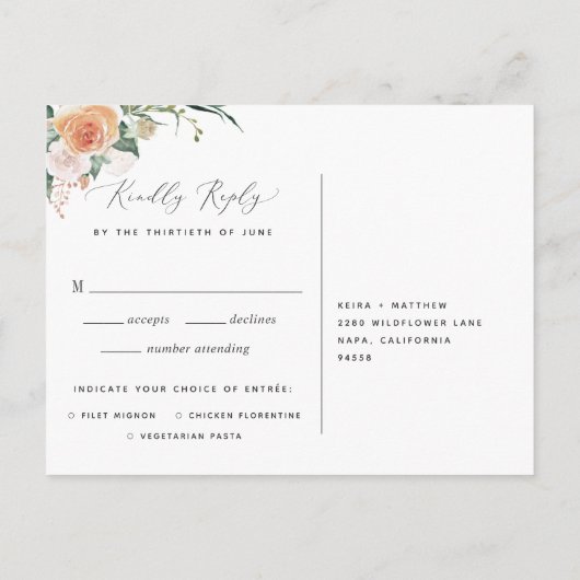 Boho Blooms RSVP Briefkaart met keuze uit maaltijd (Achterkant)