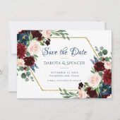 Boho Blooms | Rustieke marine en Bourgondische boe Save The Date (Voorkant)