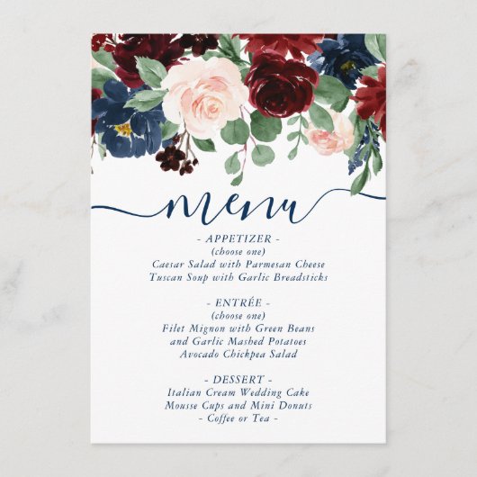 Boho Blooms | Rustieke marine en Bourgondische Gar Menu (Voorkant)