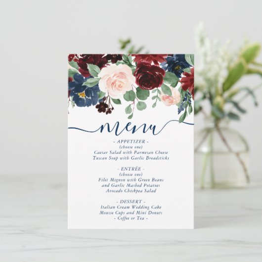 Boho Blooms | Rustieke marine en Bourgondische Gar Menu (Staand voorkant)
