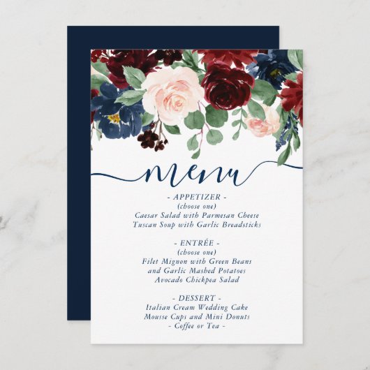 Boho Blooms | Rustieke marine en Bourgondische Gar Menu (Voorkant / Achterkant)