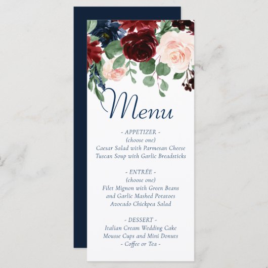 Boho Blooms | Rustieke marine en Bourgondische Gar Menu (Voorkant / Achterkant)