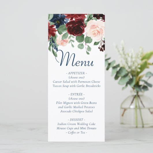Boho Blooms | Rustieke marine en Bourgondische Gar Menu (Staand voorkant)