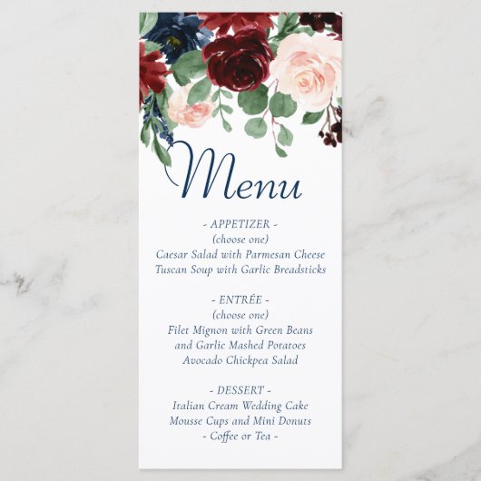 Boho Blooms | Rustieke marine en Bourgondische Gar Menu (Voorkant)