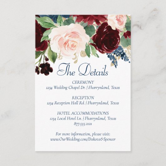 Boho Blooms | Rustieke Navy Blue en Bourgondië Det Informatiekaartje (Voorkant)