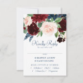 Boho Blooms | Rustieke Navy Blue en Bourgondië Ent RSVP Kaartje (Voorkant)