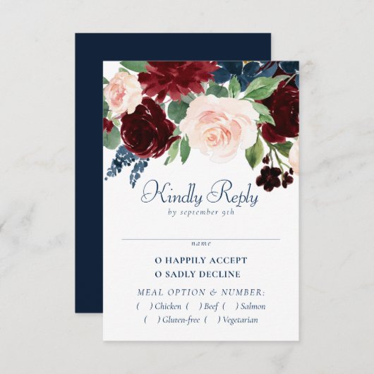 Boho Blooms | Rustieke Navy Blue en Bourgondië Ent RSVP Kaartje (Voorkant / Achterkant)