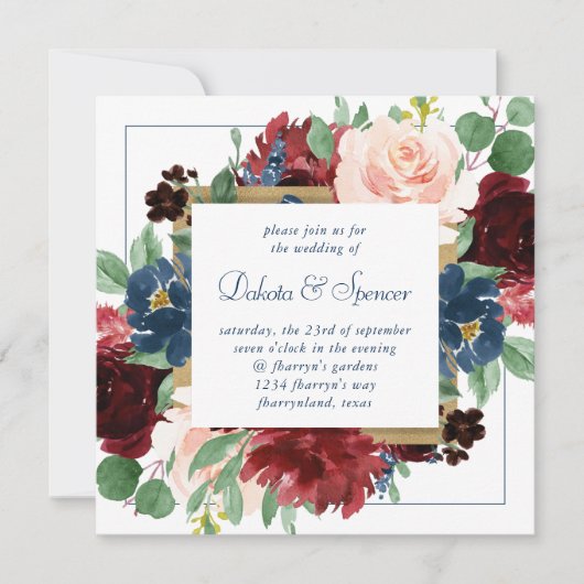 Boho Blooms | Rustieke Navy Blue en Bourgondische Kaart (Voorkant)